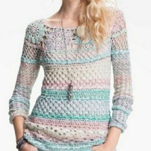 FREE PEOPLE Ring of Roses Pastel Crochet Sweater Teal Blue Cream Pink Size S